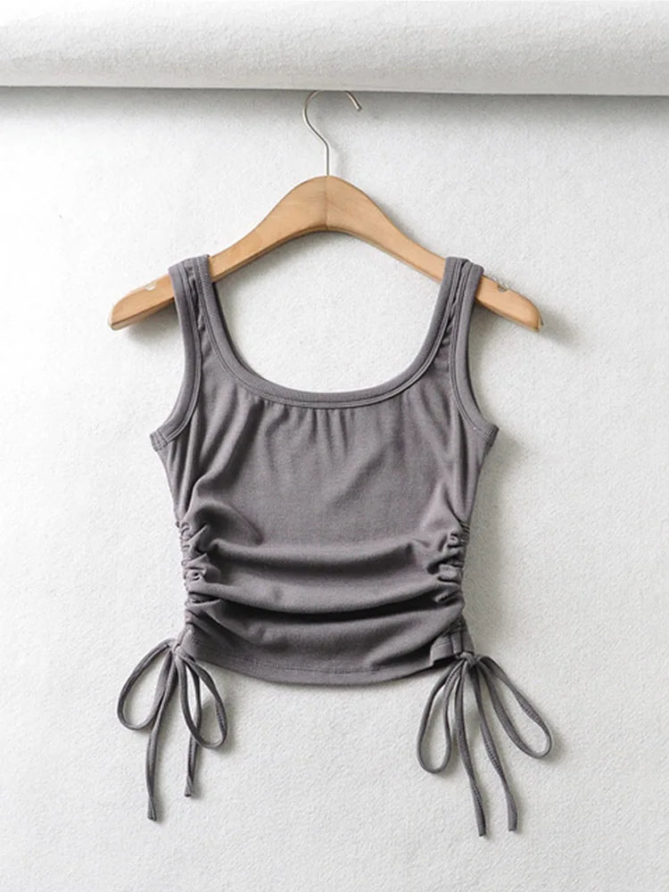 New Arrival Girls Casual Solid Colour, Two Side Drawstring , Vest Folds,  Shirring,  Tank/Camis