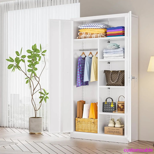 Metal Storage Cabinet with Lock,White Armoire Wardrobe Closet with Lockable Doors,72" H Storage Cabinets for Home