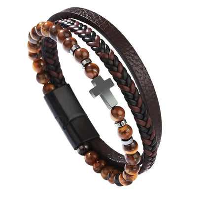 Cross Bracelet Men/Women, Multi-Strand Woven Bangle, Cuff Wristband Or Birthday Gift for Him.  The yellow-tiger eye is almost gone and the other 2 dark stones are Plentiful.