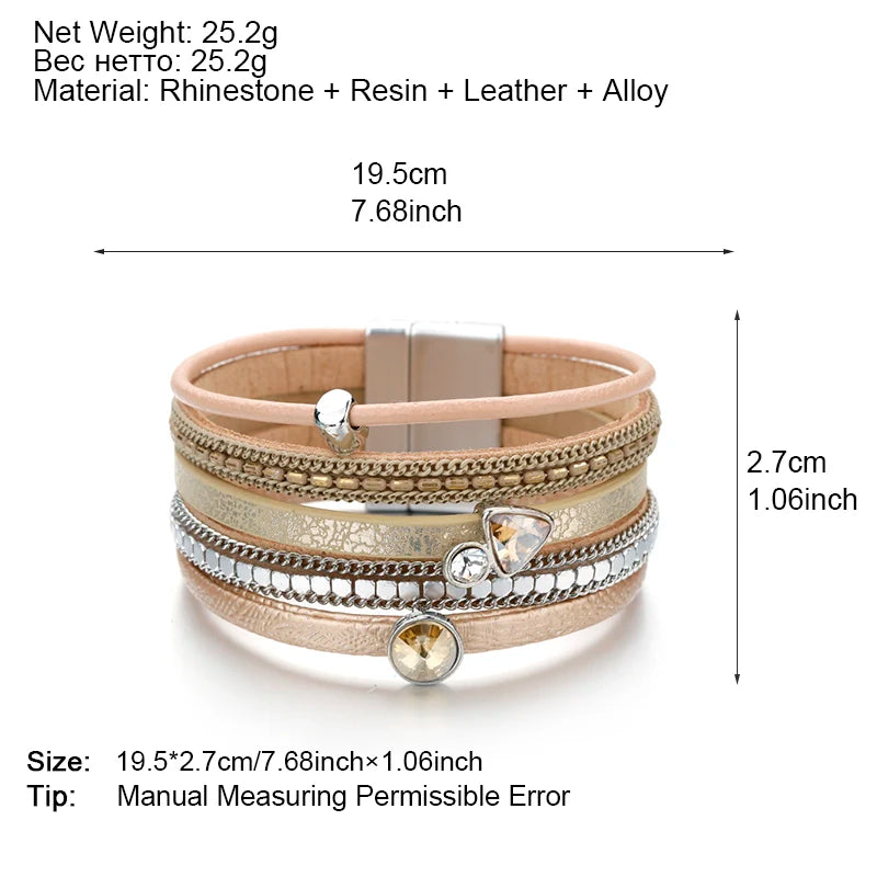 Resin Crystal Charm Leather Bracelet for Women. Bohemian Multilayer Bracelets & Bangles Jewelry.  BLACK, DARK BLUE and GOLD are Available.