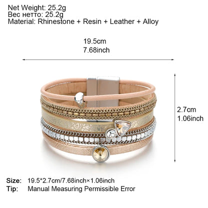 Resin Crystal Charm Leather Bracelet for Women. Bohemian Multilayer Bracelets & Bangles Jewelry.  BLACK, DARK BLUE and GOLD are Available.