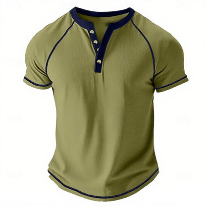 Retro Men's Button-Down T-Shirt  (HENLEY-STYLE), Minimalist Print T-Shirt,  Loose-Fit,  Casual Summer Shirt,  Stylish Streetwear Men.