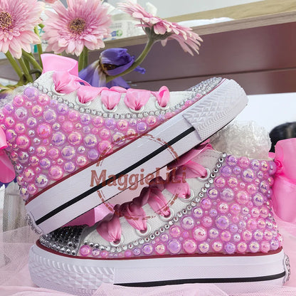 Handmade Rhinestones,  Bling  for Girls/ Womens /Kids And Mother Candy Canvas Shoes.   Pearl Sneakers For Girls Gift