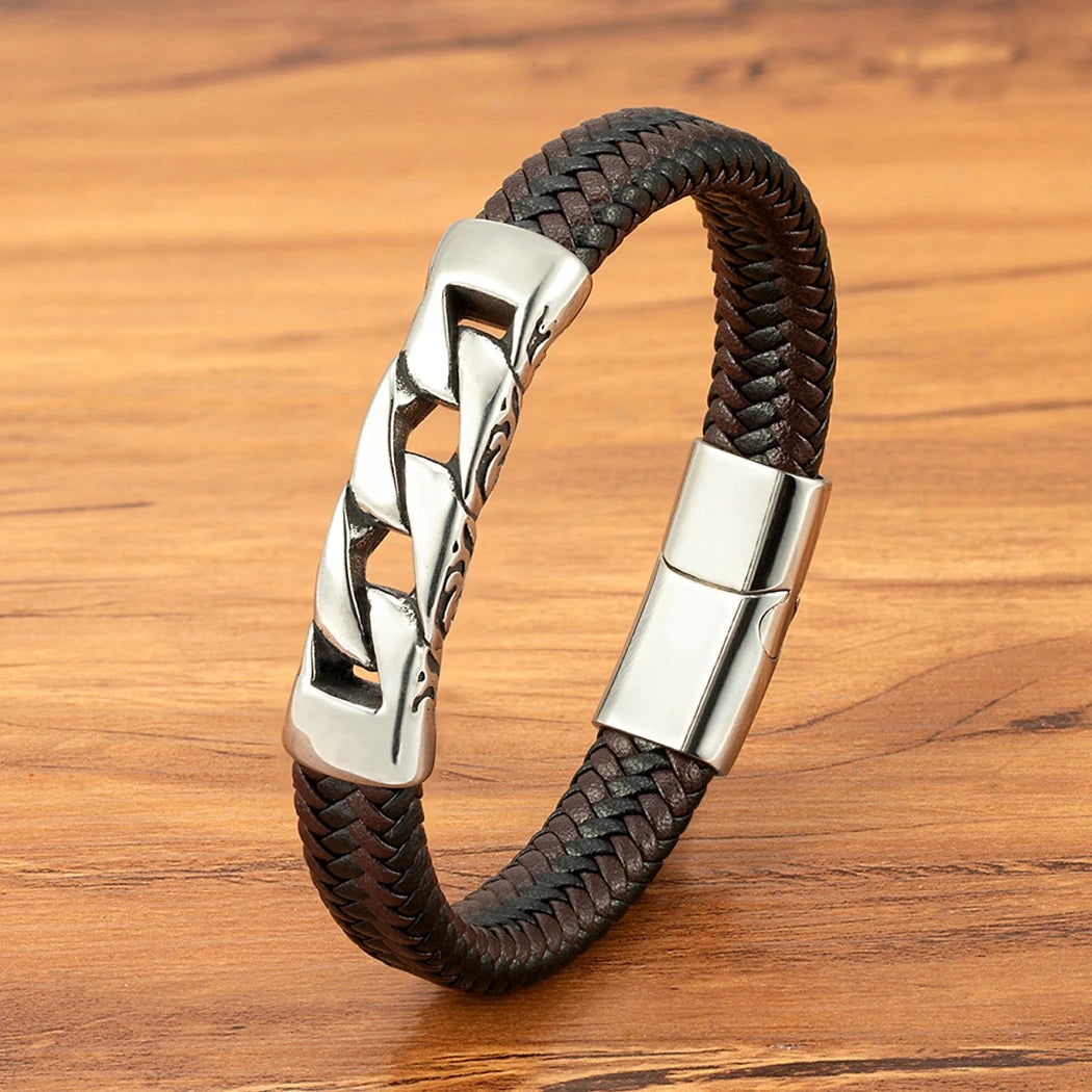 Stainless Steel Men's /Women Bracelet.   Woven Leather  with  Magnetic Buckle.  Business Jewelry/ Accessory /Gifts