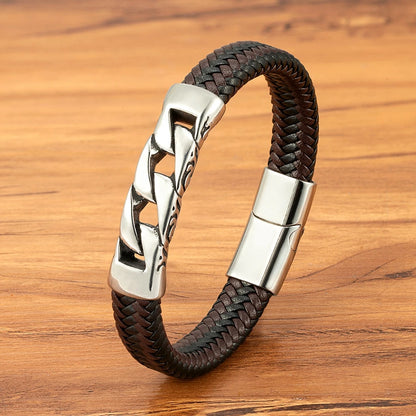 Stainless Steel Men's /Women Bracelet.   Woven Leather  with  Magnetic Buckle.  Business Jewelry/ Accessory /Gifts