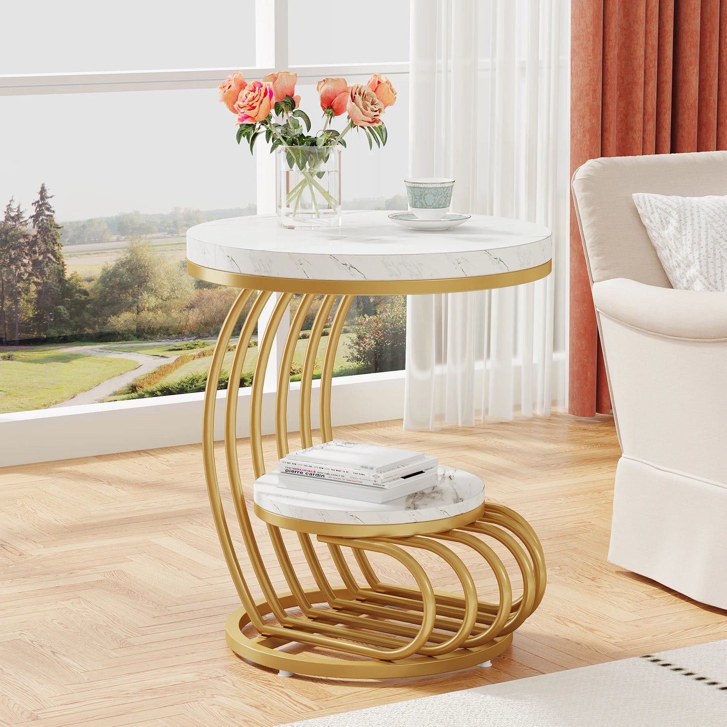 Gold Round End Table: 2 Tiers Faux Marble Side Table with Storage Shelf, Modern White Gold Bedside Nightstand, Living Room