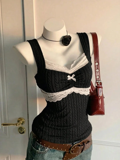 , summer fashion patchwork,  lace bow decoration,  versatile top for warm weather