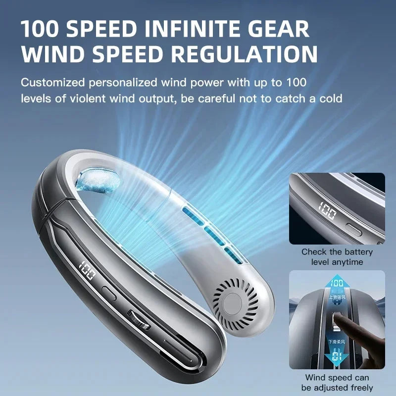 8000mAh USB Hanging Neck Fan Portable, Bladeless,  Mini Rechargeable Mute LED Digital Display, Electric Air Cooler.  Low stock on 1 blue style.  Others have good numbers in stock