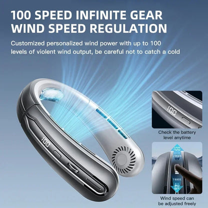 8000mAh USB Hanging Neck Fan Portable, Bladeless,  Mini Rechargeable Mute LED Digital Display, Electric Air Cooler.  Low stock on 1 blue style.  Others have good numbers in stock