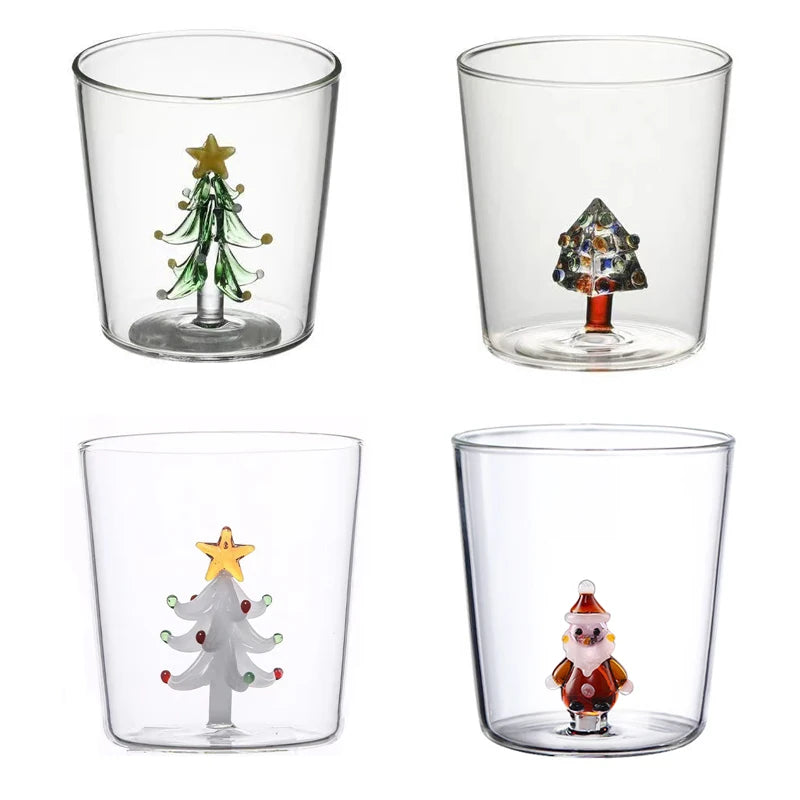 300ml Christmas 3D Glass Cup With Figurine Inside Stemless Glass For Wine Water Milk Goblet-drinking Glass Coffee Mug 1/2/4pcs