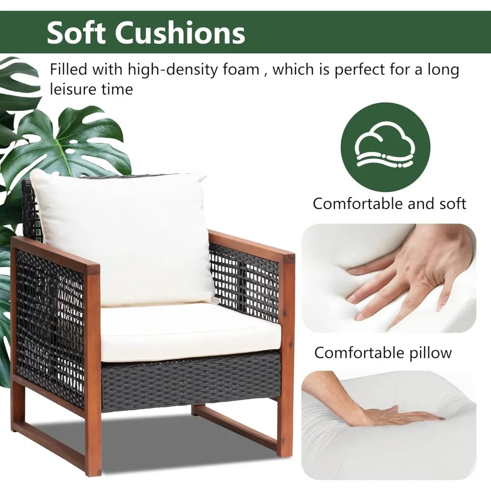 Outdoor Patio Furniture Set, Modern Rattan Bistro Conversation Set with Acacia Wood Frame, Coffee Table, Water-Resistant Cushions