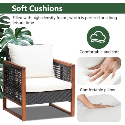 Outdoor Patio Furniture Set, Modern Rattan Bistro Conversation Set with Acacia Wood Frame, Coffee Table, Water-Resistant Cushions
