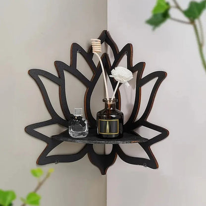 Wooden Lotus Hollow Decorative Rack, Aromatherapy Organiser for Essential Oils,  Candle Holder. Wall Mounted Corner Shelf