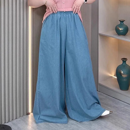 Women's Plus Size Lightweight Lyocell Jeans/Culottes High Waisted, Wide Leg Pants With Draped Ice Silk Fabric For Spring Summer