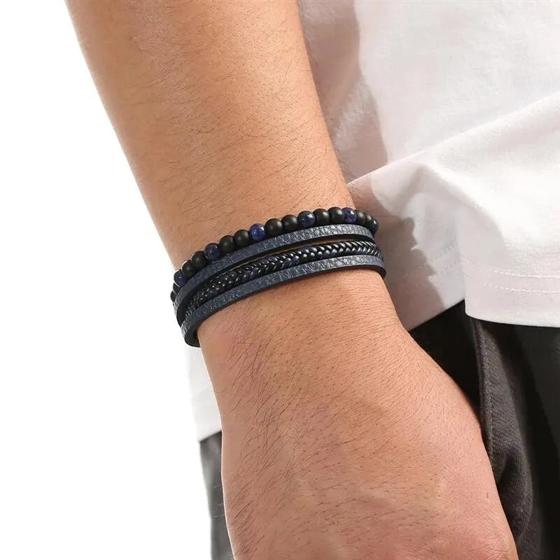 Men Leather Bracelet, Classic Fashion Tiger Eye Beaded Multi Layer Leather Bracelet For Men Jewelry Gift
