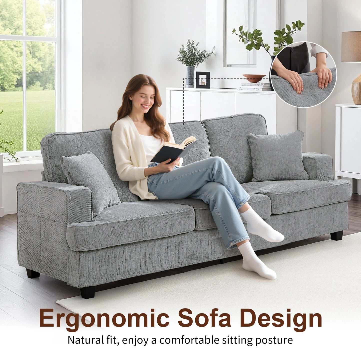 Sofa for Living Room, 89 inch Cloud Sofa in Chenile with Extra Comfy Soft Seats, Modern 3 Seater Sofas for Bedroom