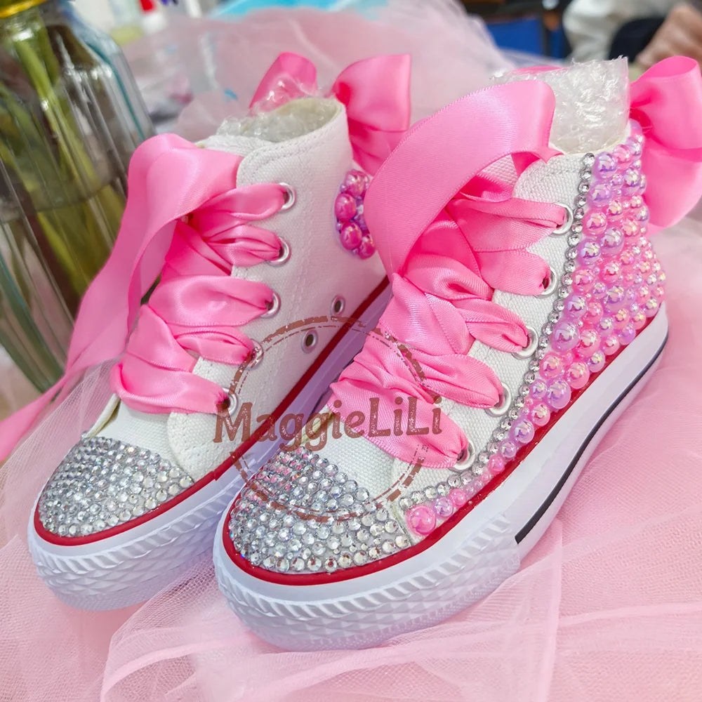 Handmade Rhinestones,  Bling  for Girls/ Womens /Kids And Mother Candy Canvas Shoes.   Pearl Sneakers For Girls Gift