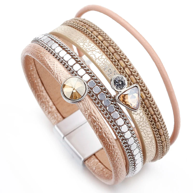 Resin Crystal Charm Leather Bracelet for Women. Bohemian Multilayer Bracelets & Bangles Jewelry.  BLACK, DARK BLUE and GOLD are Available.