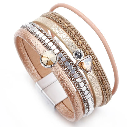 Resin Crystal Charm Leather Bracelet for Women. Bohemian Multilayer Bracelets & Bangles Jewelry.  BLACK, DARK BLUE and GOLD are Available.