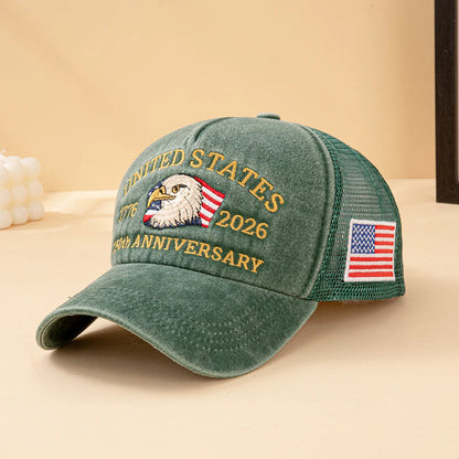 United States 250th Anniversary,  1776-2026 Bald Eagle Embroidered,  Washed Mesh,  American Flag , Adjustable Baseball Cap