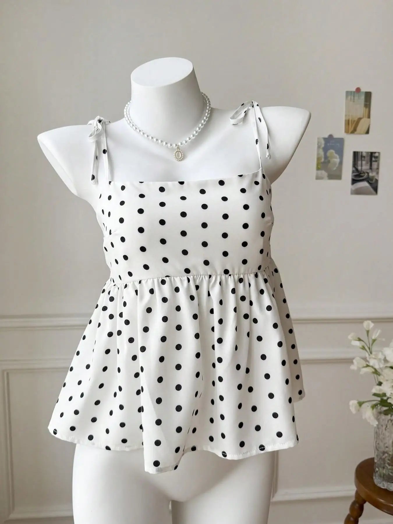 Women's Polka Dot Crop Cami With Spaghetti Straps And Flared He.  Polka Dot Camisole,  Babydoll Polkadot Top.