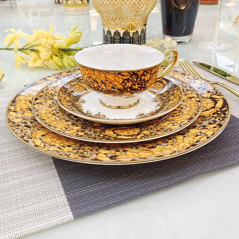 Golden Edge Luxury Tableware Set, Western Dinner Plate, Steak Flat Tray, Bone China Dinnerware Set, Coffee Cup, 10 ", 8" plates