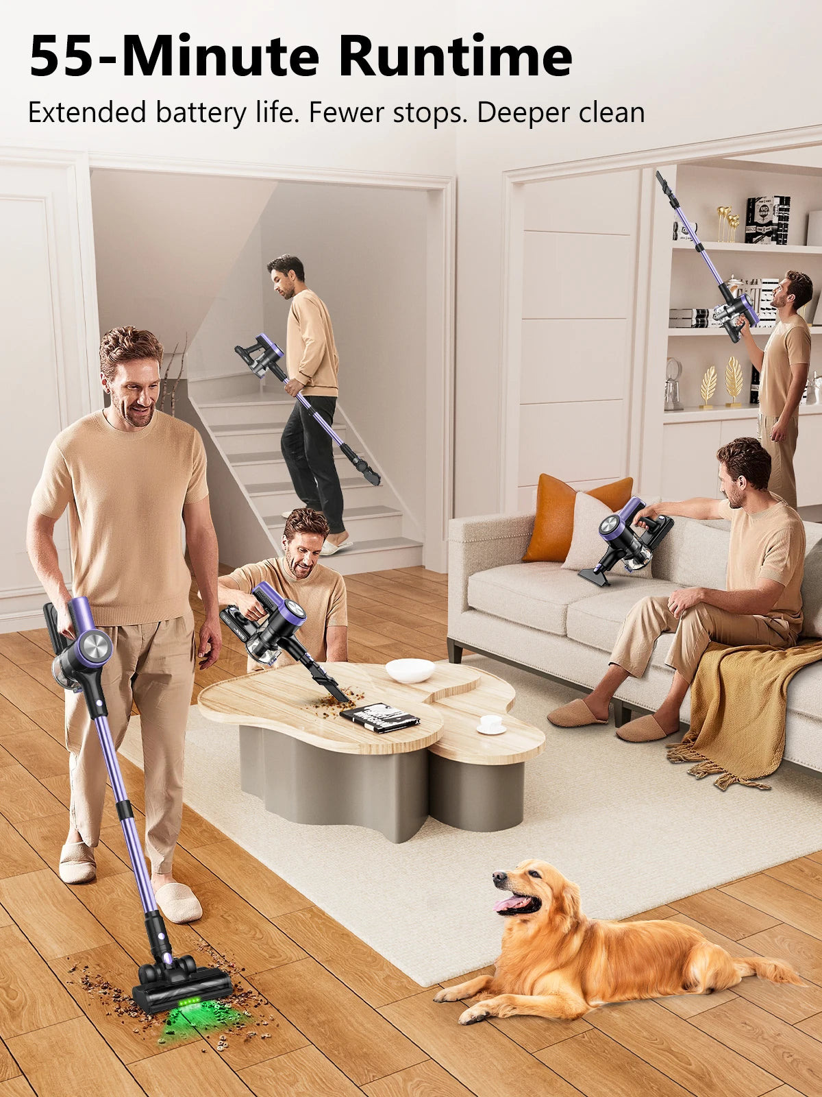 500W/55KPA Self-Standing Cordless Vacuum Cleaner,60 Mins Handheld Vacuum Cleaners,Smart LED Screen Vacuum for Carpet/Pet Hair