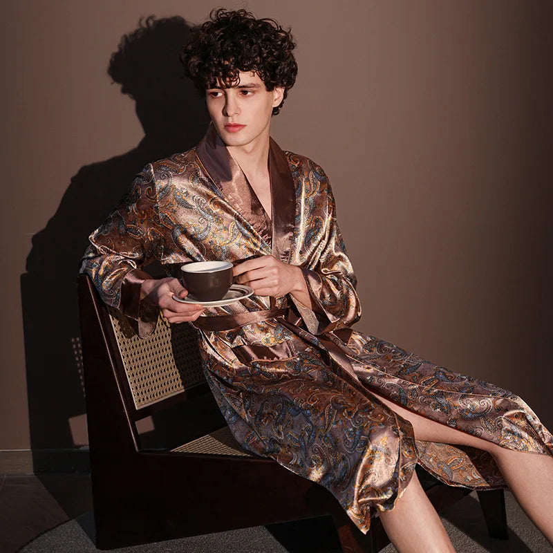 High Quality Nightrobes for  Men.   Summer Thin Bathrobe,  Large Size,  Ice Silk Printed Pajamas One-piece Robe, Loungewear, Spring