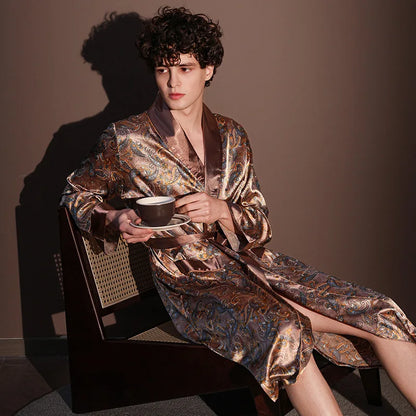 High Quality Nightrobes for  Men.   Summer Thin Bathrobe,  Large Size,  Ice Silk Printed Pajamas One-piece Robe, Loungewear, Spring
