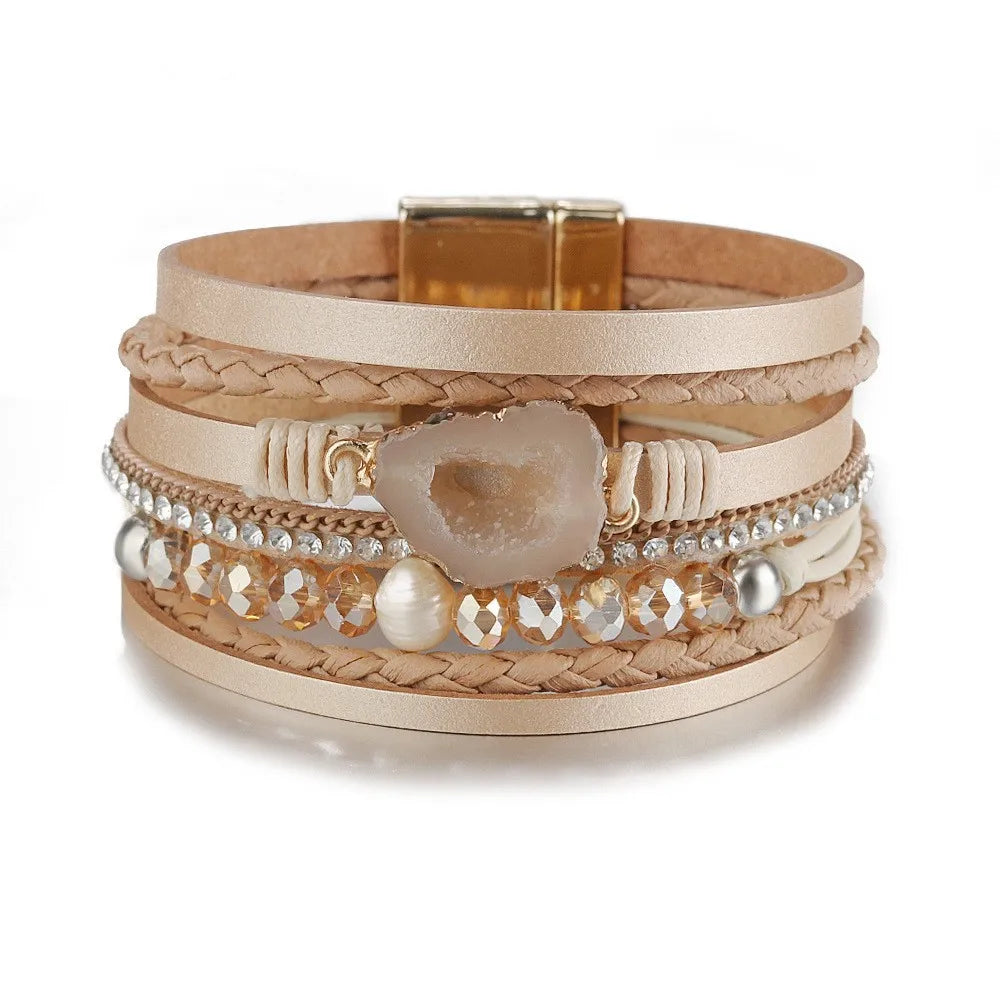 Women's Gravel Leather Bracelet , with Crystal Beading and Natural Freshwater Pearl.  Bracelet for Women.  Thoughtful Gift.  ONLY PINK LEFT!!!
