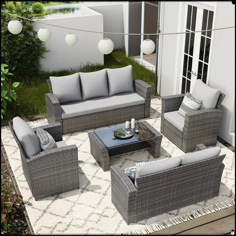 5-Piece Patio Set All Weather Wicker, Outdoor Sofa with Cushions & Glass Table, Grey Conversation Set