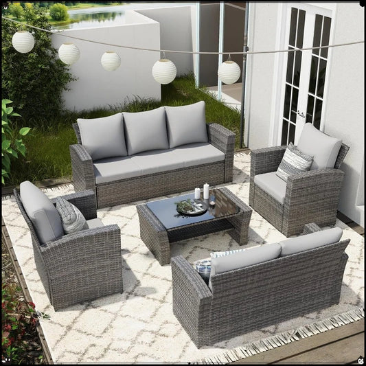 5-Piece Patio Set All Weather Wicker, Outdoor Sofa with Cushions & Glass Table, Grey Conversation Set