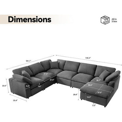 Modular Sectional Sofa, Modern Oversized Cloud Couch with Movable Ottoman, 7 Seater,  L-Shaped,  Comfy Couches for Living Room
