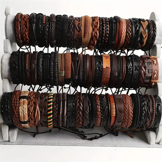 20Pcs Braided Leather Bracelets for Men Women Wrap Wood Beads Cuff Bracelet Hemp Cords Ethnic Tribal Handmade Wrap Wristband Bra