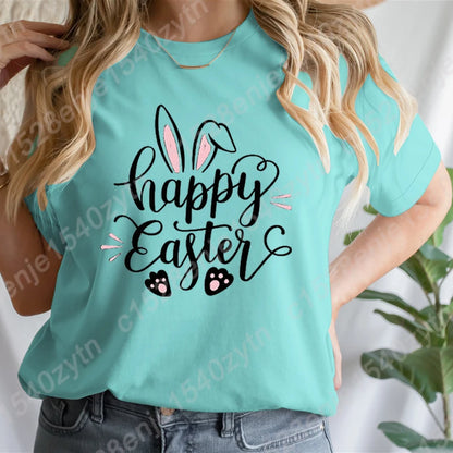 Cute Happy Easter Bunny Print T-Shirts  for Junior Women , Short Sleeve,  Round Neck Tee Shirt Casual,  Soft Summer,  Solid Color T Shirt /Tops