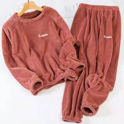 Leisure  with Autumn/Winter Women's Warm Velvet Pajamas with ,Loose Round Neck Elastic Top, Warm Wool Elastic Waist and Tight Leg Pants Set