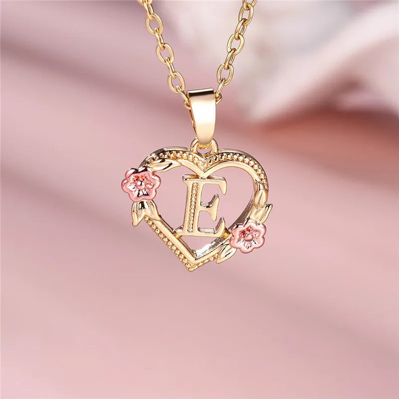 A-Z Letter Flower Pendant Necklace,  Yellow Gold  Wedding Jewelry GifTS
