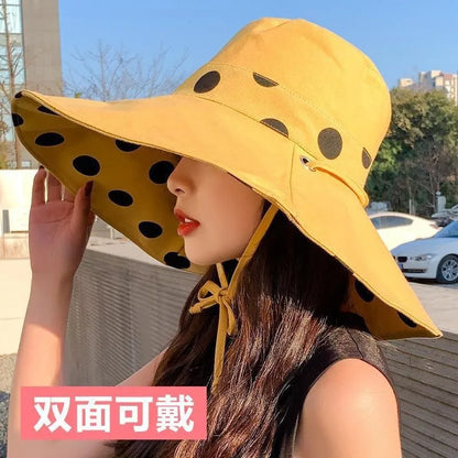 1pc Polka Dot Ribbonbucket Hat for Women, Large Wide Brim Summer Sun Hat,  Breathable Sunscreen Visor Cap for Beach, Sun,  Travel