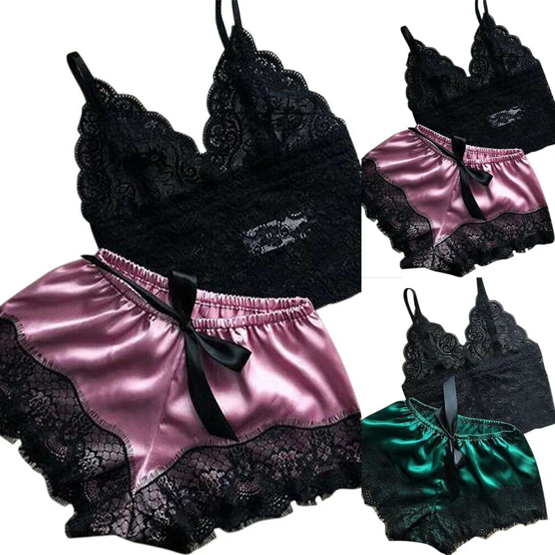 2PCS Womens Lace Sleepwear Lingerie Top and.  Shorts Set.  Babydoll Pajamas Nightwear