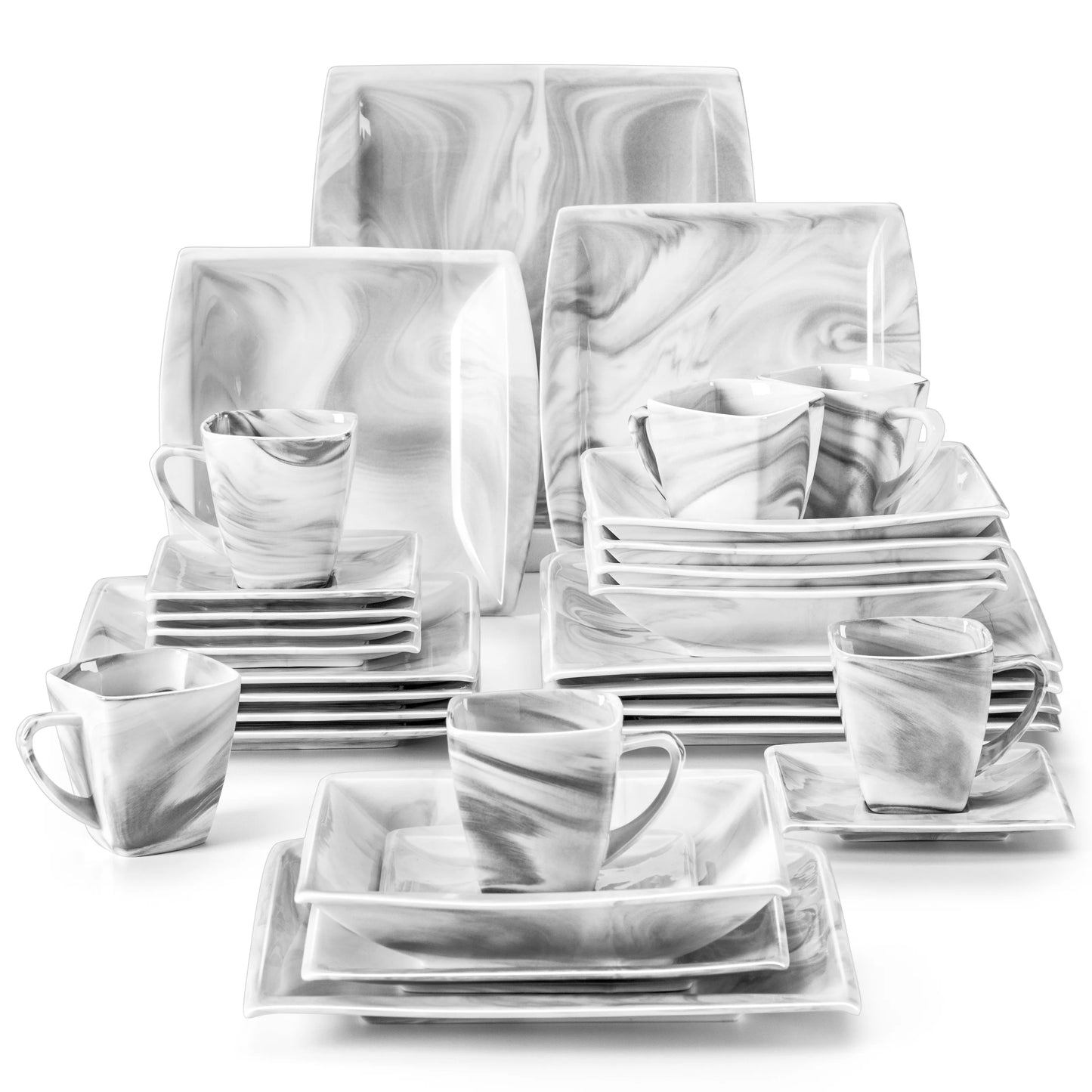 30/60PCS Marble Grey Porcelain Tableware.  Dinnerware Set with 6PCS,  Dessert/Soup/Dinner Plate/Cup/Saucer,Service for 12