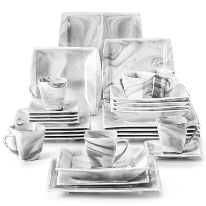 30/60PCS Marble Grey Porcelain Tableware.  Dinnerware Set with 6PCS,  Dessert/Soup/Dinner Plate/Cup/Saucer,Service for 12