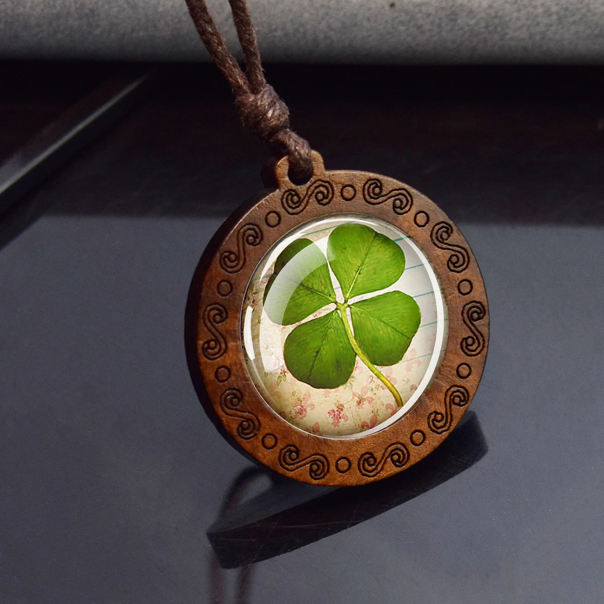 Four Leaf Clover Glass Dome Wooden Pendant Necklace,  Rope Chain,  Retro Jewelry,  St.Patrick's Day Gift