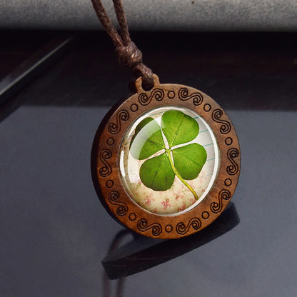 Four Leaf Clover Glass Dome Wooden Pendant Necklace,  Rope Chain,  Retro Jewelry,  St.Patrick's Day Gift