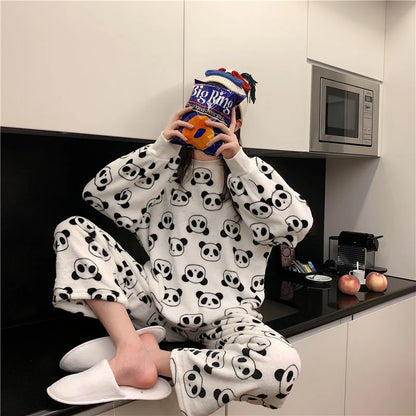 Fleece, Thick Warm Women's Pajamas Set FOR Winter Sleepwear. Casual Solid Top and Plaid Pants Soft  Pajmpas Set for Women