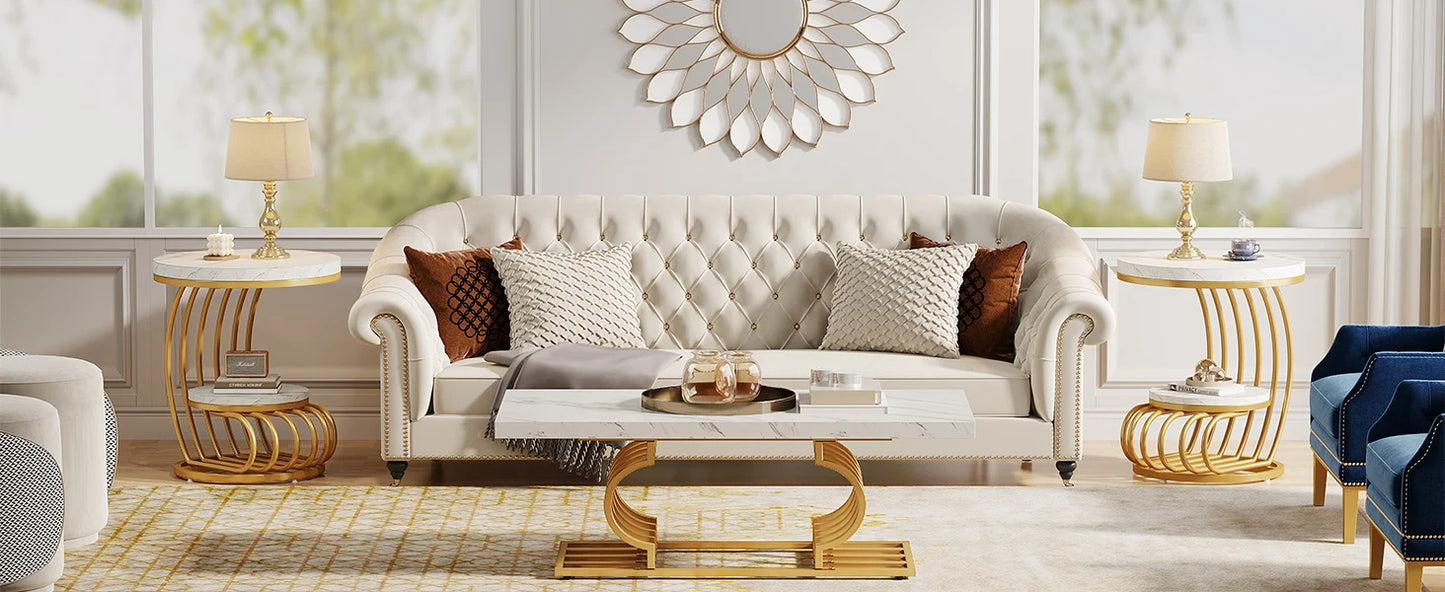 Gold Round End Table: 2 Tiers Faux Marble Side Table with Storage Shelf, Modern White Gold Bedside Nightstand, Living Room