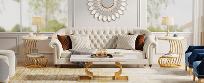 Gold Round End Table: 2 Tiers Faux Marble Side Table with Storage Shelf, Modern White Gold Bedside Nightstand, Living Room