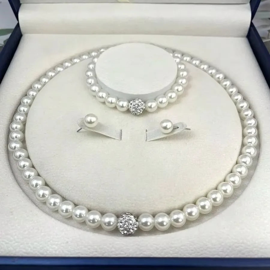 3 PC set Imitation Pearl Fireball Necklace Bracelet Earring Studs.  Jewelry Set is  .Silver Color Crystal Stone. Elegant for MOTHERS DAY
