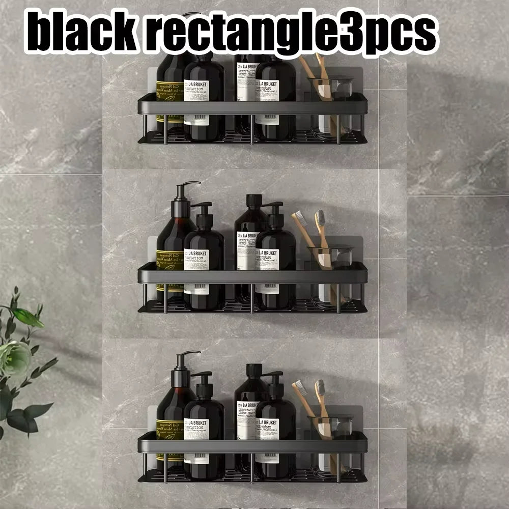 Towel rack wall mounted shower shampoo rack.   no drill rack,  tripod wall mounted corner rectangular bathroom rack.