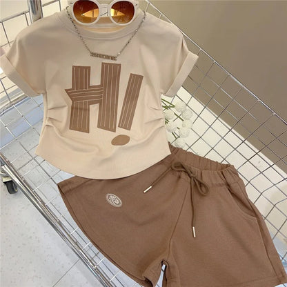 Girls Short Sleeve Summer Letter T-Shirt Tops+Shorts,  2Pcs Suit for little girls Clothes.  Sport Casual  Outfits 3-12 Years