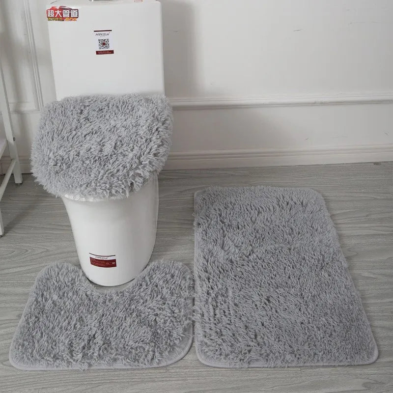3pc Bathroom Set Rug,  Mat , Toilet Lid Cover   .Plain Solid Color Bathmats 
Kit Non-Slip Fluffy Home Carpets